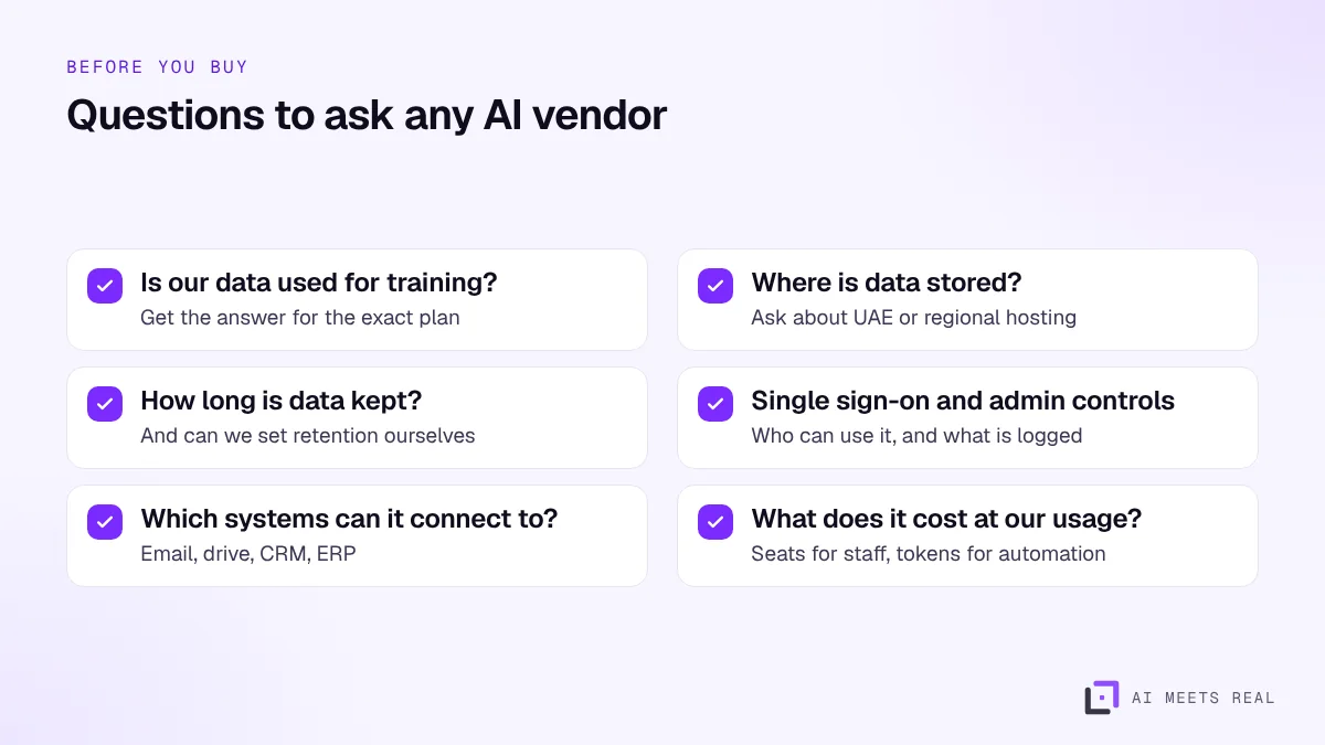 Checklist of six questions to ask an AI vendor before buying