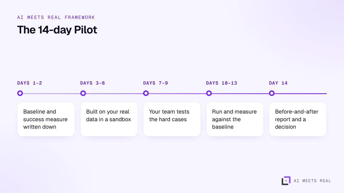 Timeline of the 14-day pilot: baseline, sandbox build, hard-case testing, run and measure, report and decision